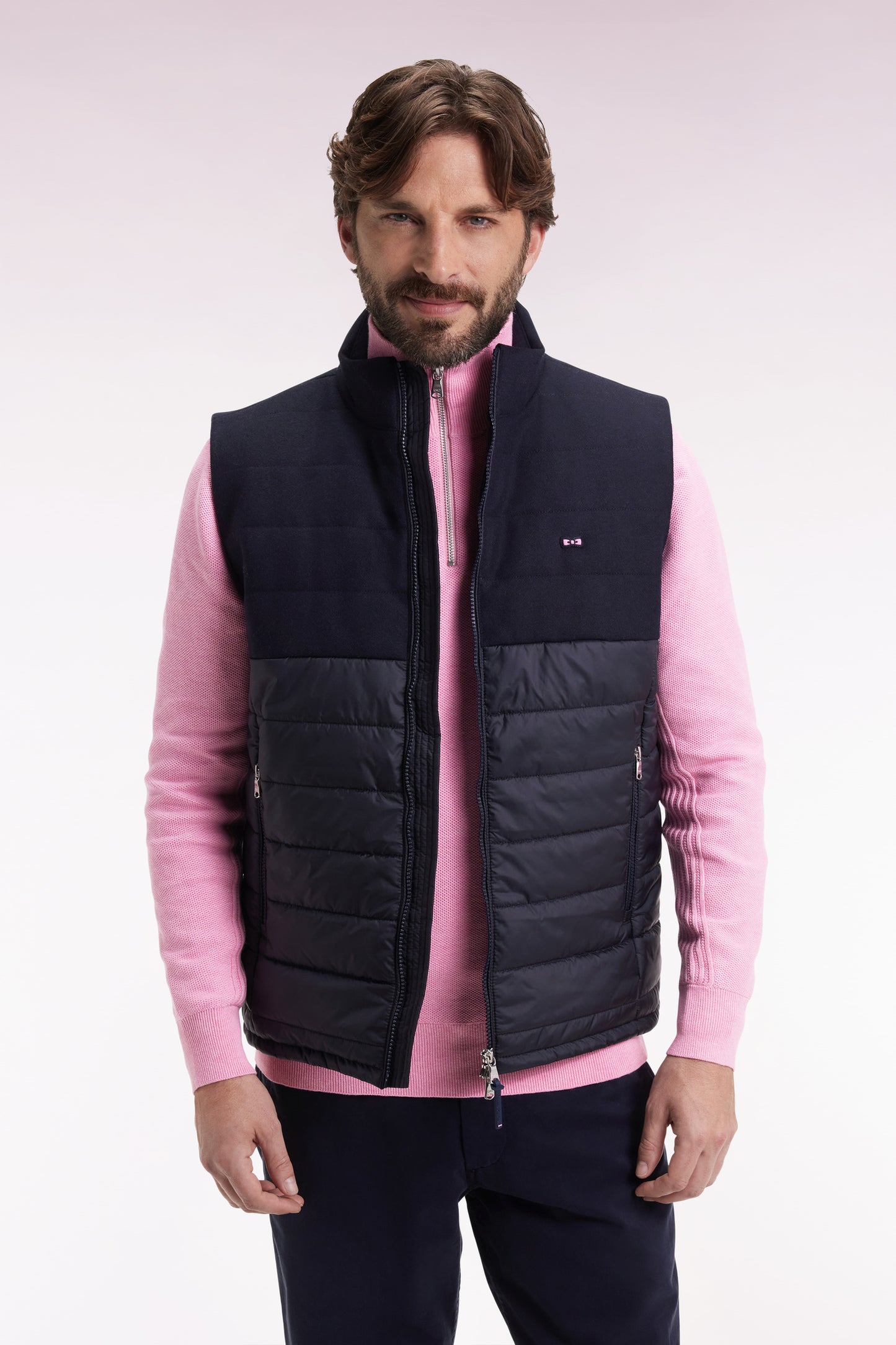 Doudoune sans manches bimatière en nylon et flanelle marine