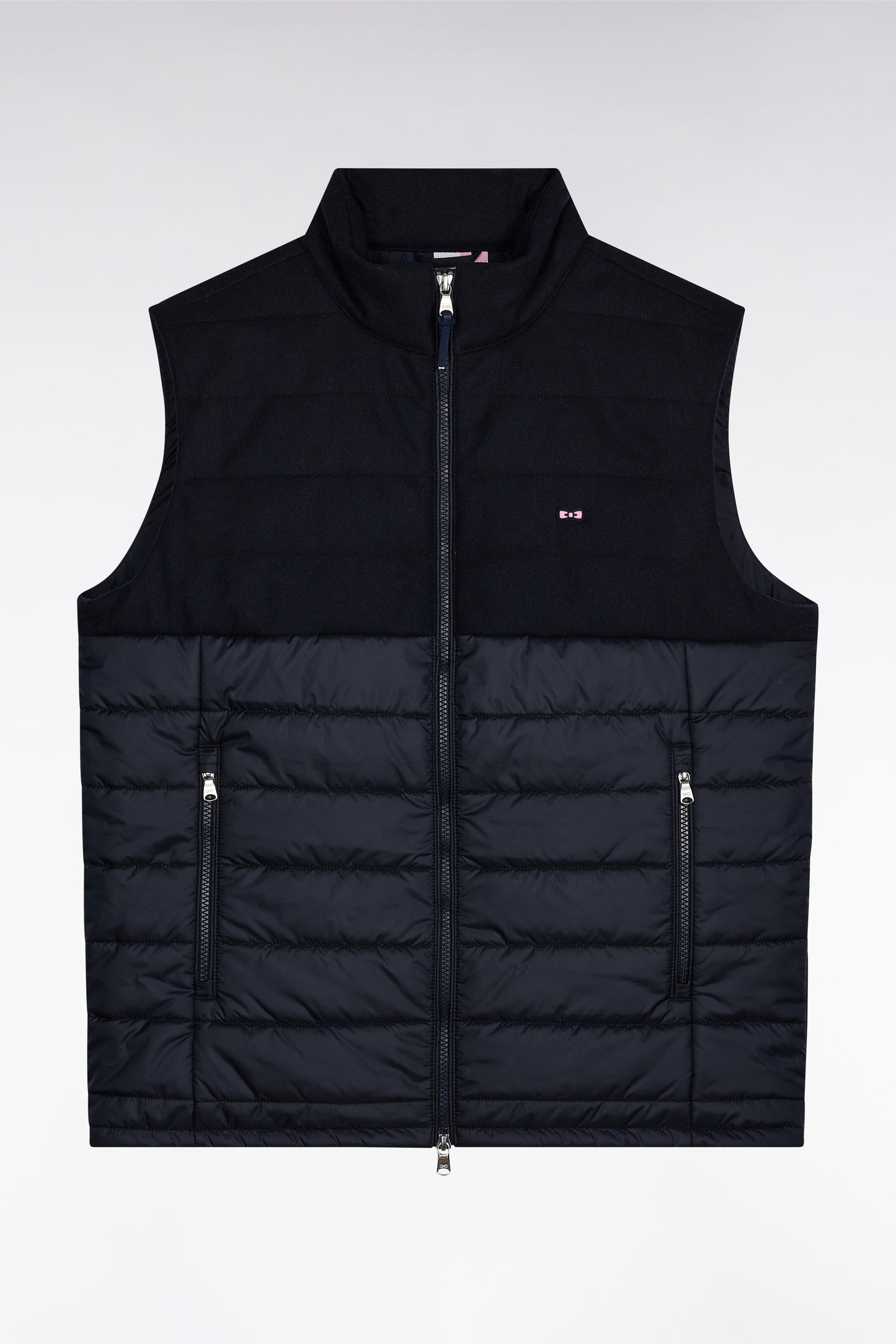 Doudoune sans manches bimatière en nylon et flanelle marine