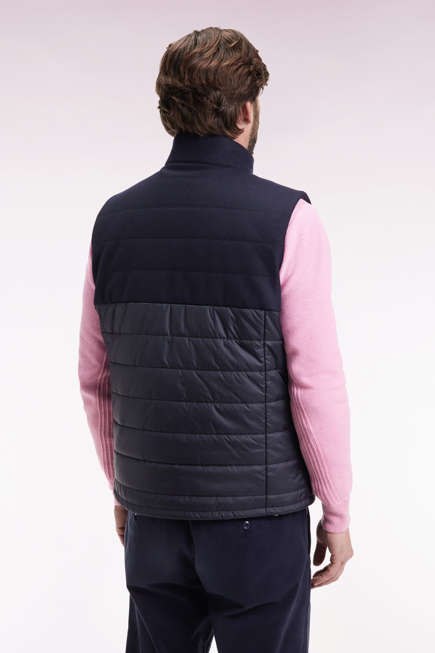 Doudoune sans manches bimatière en nylon et flanelle marine