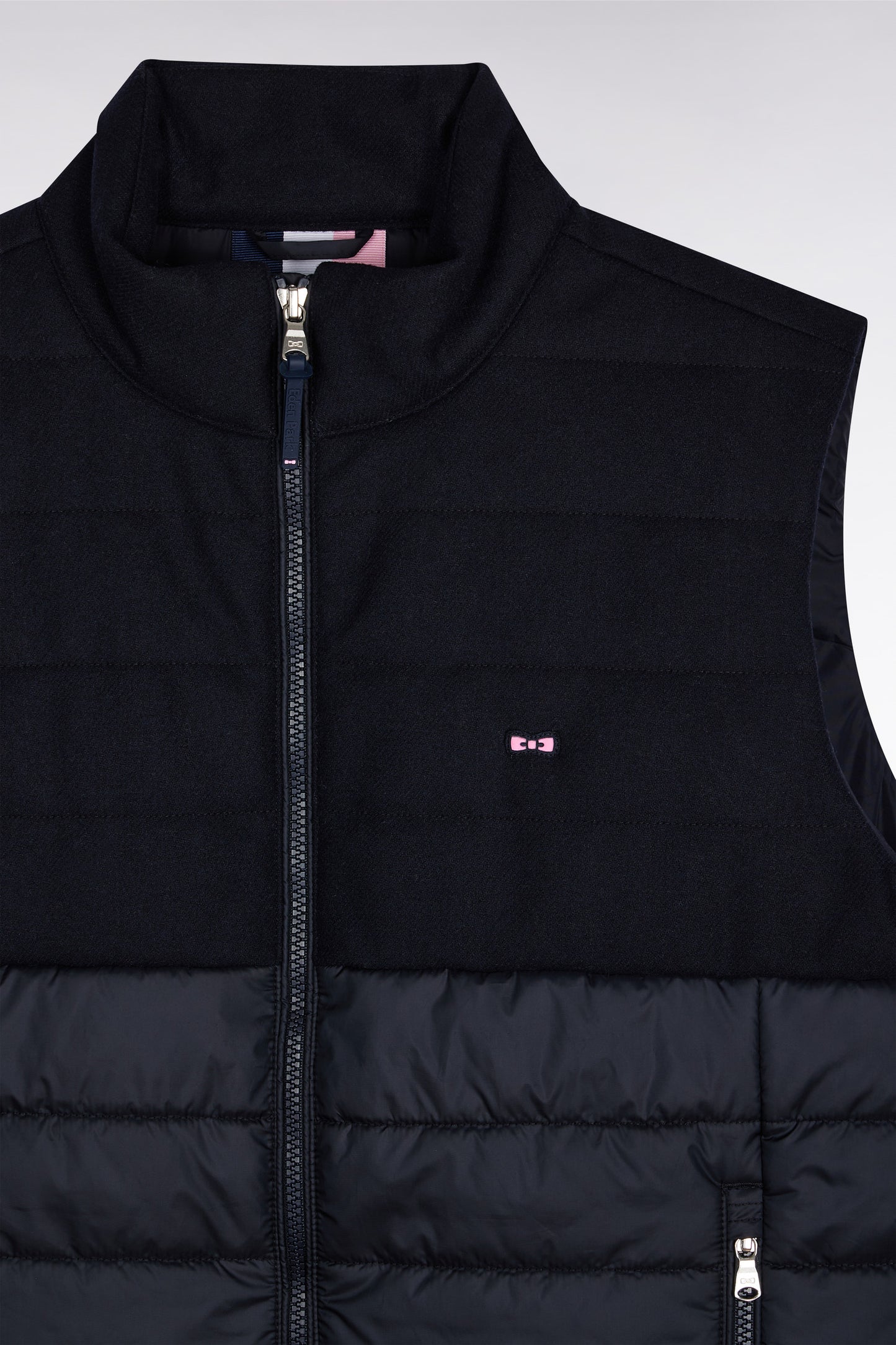 Doudoune sans manches bimatière en nylon et flanelle marine