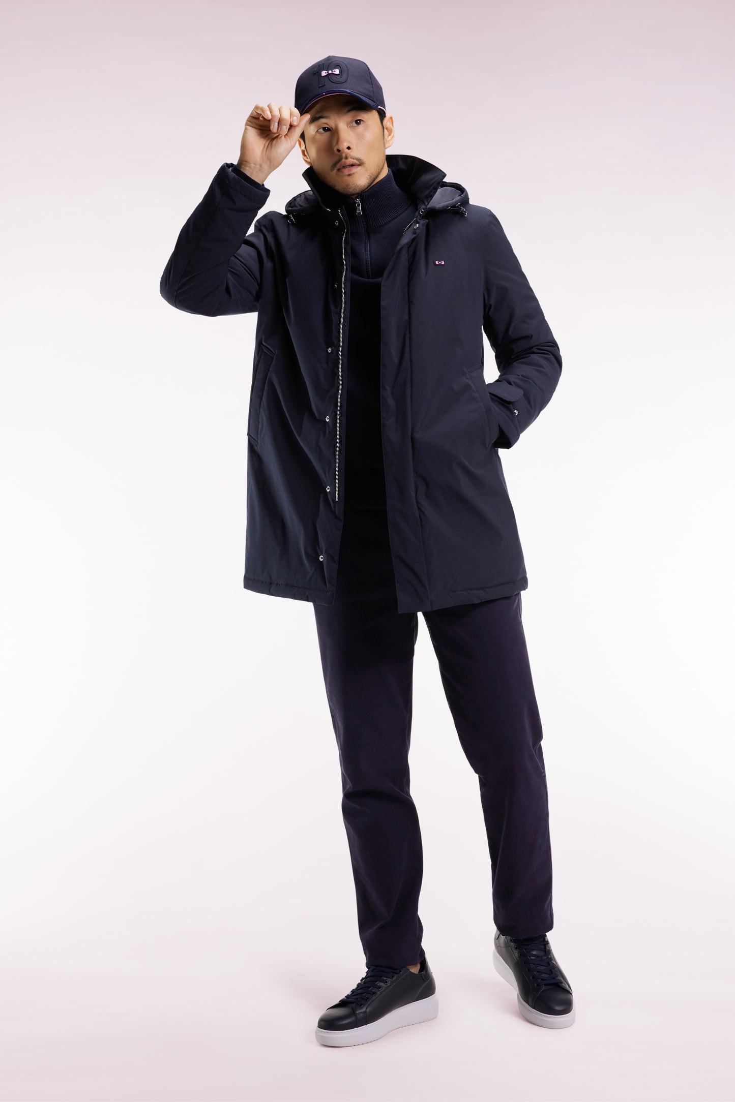 Long navy nylon raincoat with removable hood