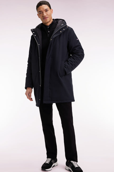 Parka longue 2-en-1 en nylon noir à capuche intégrée - Image 1