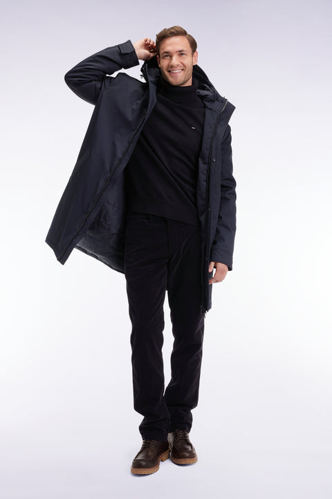 Parka longue en nylon noir à capuche intégrée - Image 1