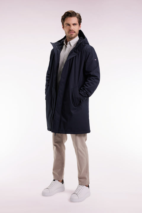 Parka longue en nylon marine à capuche intégrée - Image 3