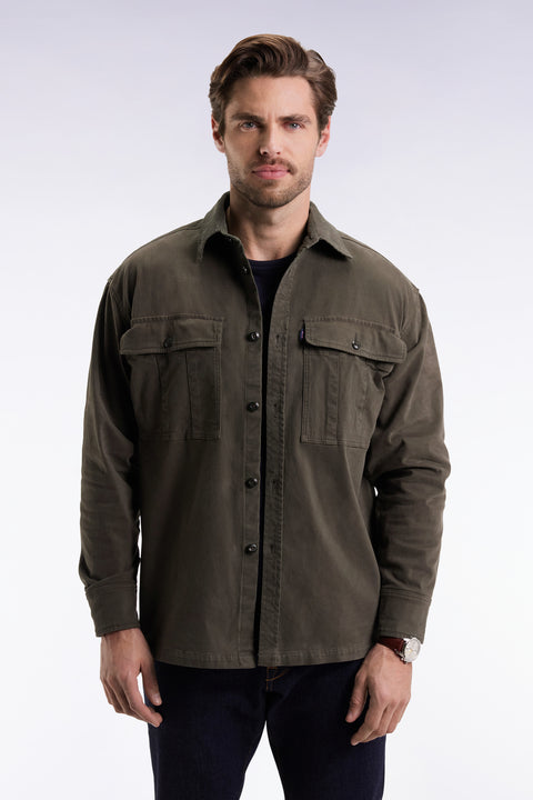 Surchemise en twill de coton stretch kaki à poches plaquées - Image 1