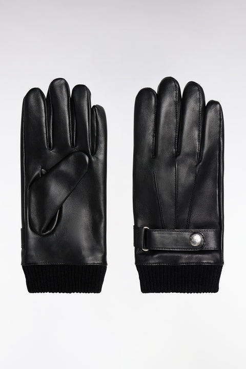 Gants en cuir lisse poignets tricotés noirs - Image 1