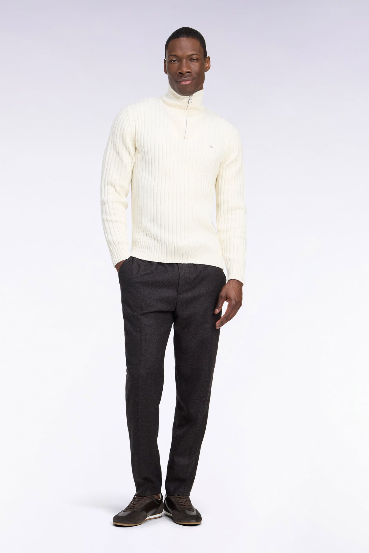 Pantalon à taille élastiquée en feutre léger marron coupe Modern