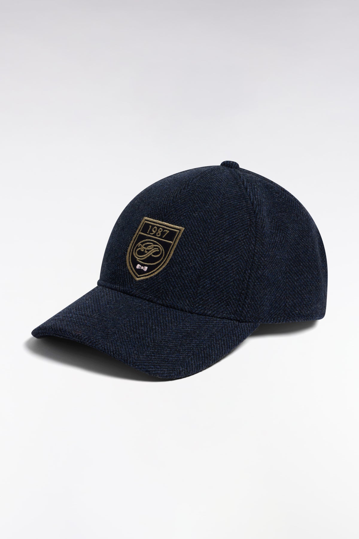 Casquette en drap de laine à chevrons grise patch écusson