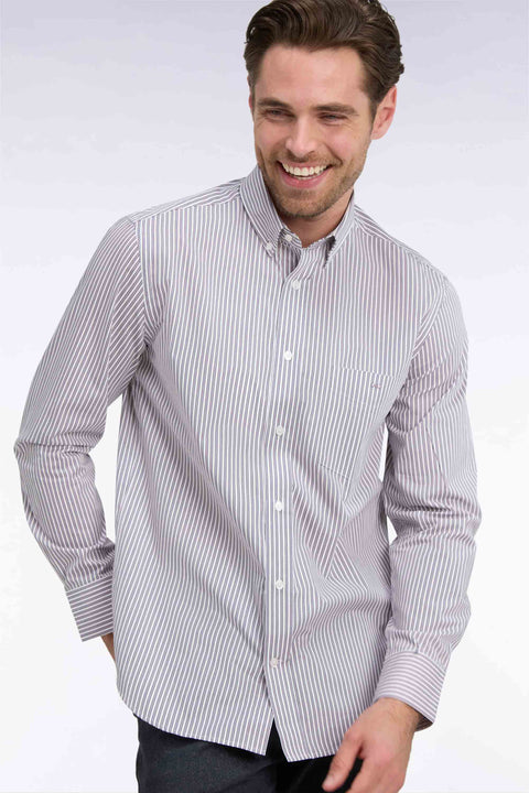 Straight-cut navy and pink striped cotton shirt - Image 1