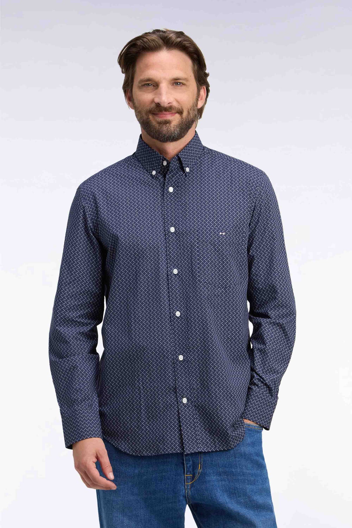 Chemise en popeline de coton marine à micromotifs nœuds papillon