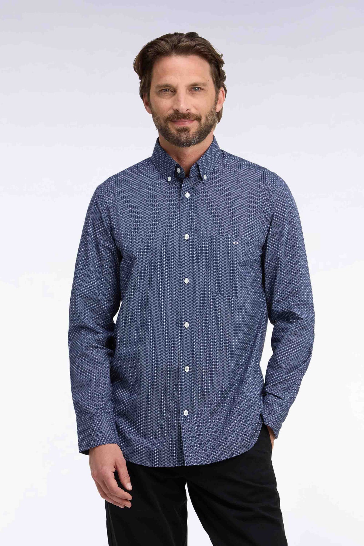 Chemise en coton bleu à micromotifs coupe droite