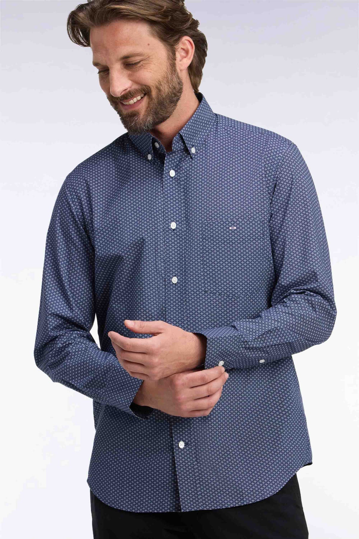Chemise en coton bleu à micromotifs coupe droite
