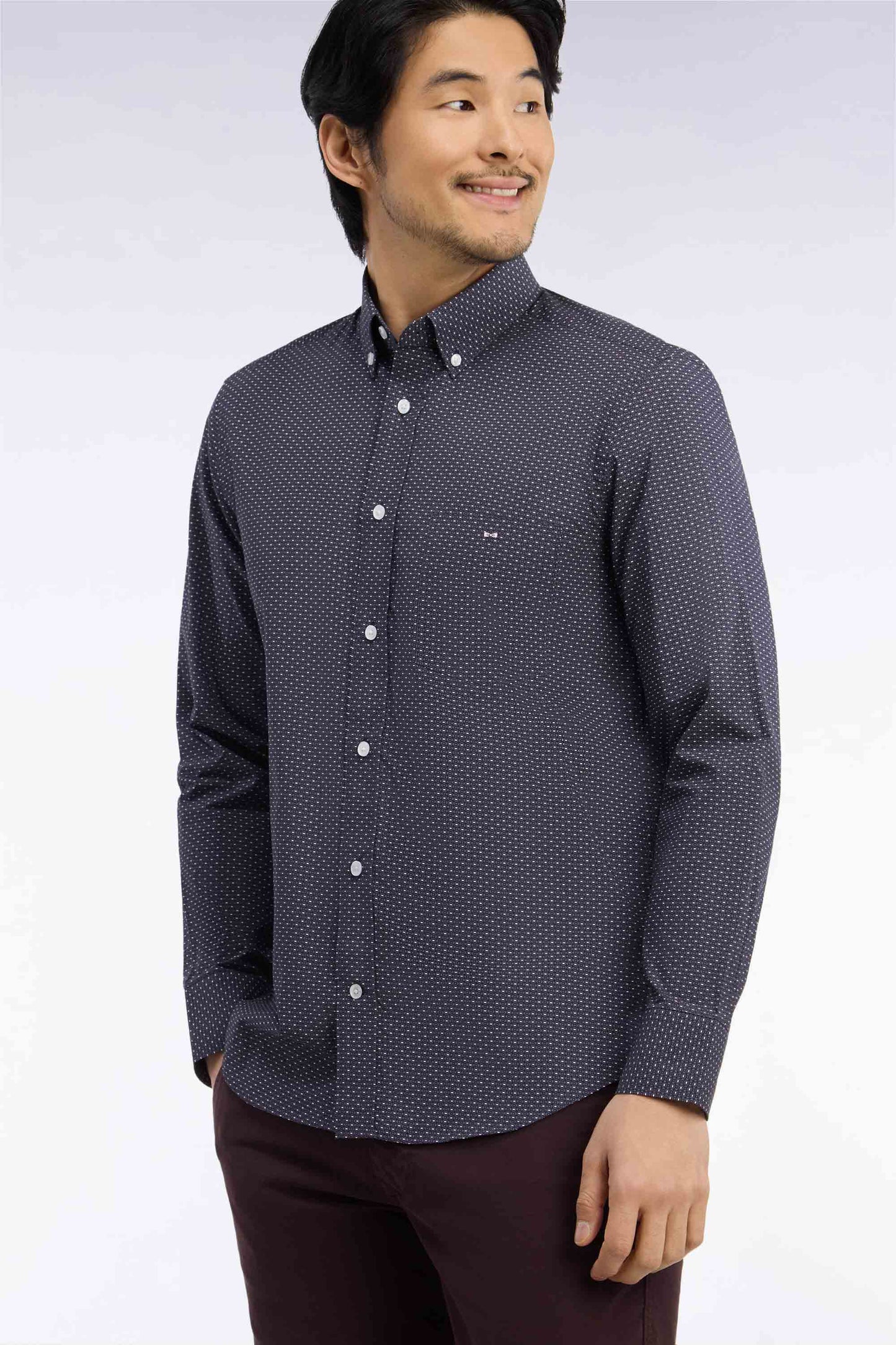 Chemise en coton gris à micromotifs coupe droite