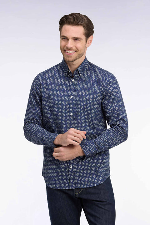 Chemise en popeline de coton marine à micromotifs kaki coupe droite - Image 1