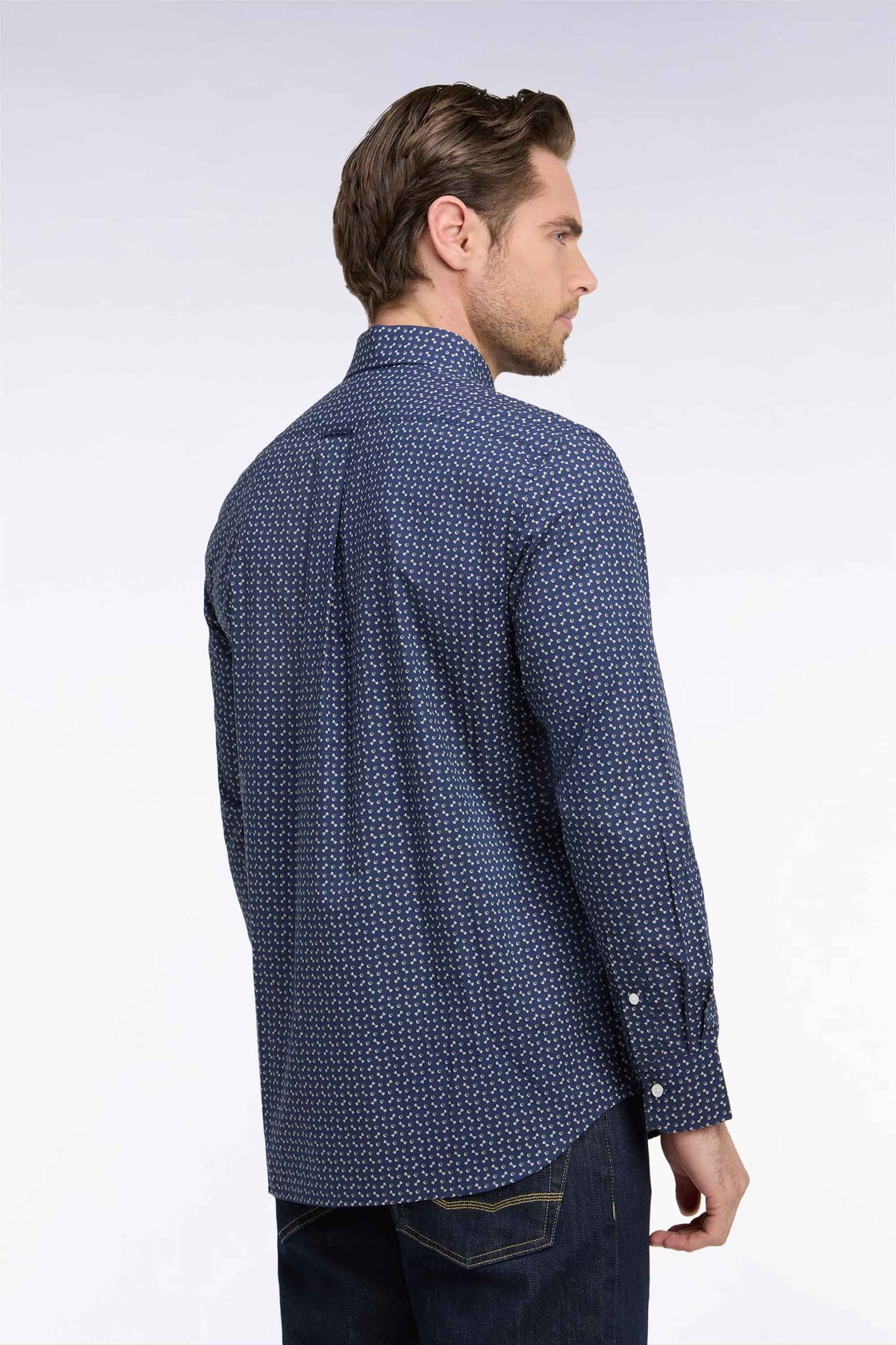 Navy cotton poplin shirt with khaki micro-patterns, straight cut