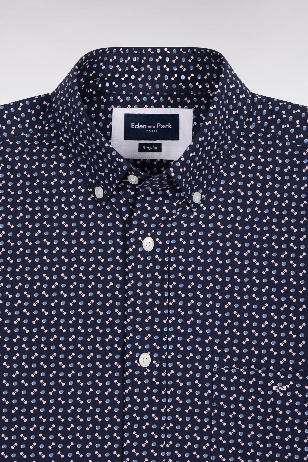 Chemise en popeline de coton marine à micromotifs bleus coupe droite