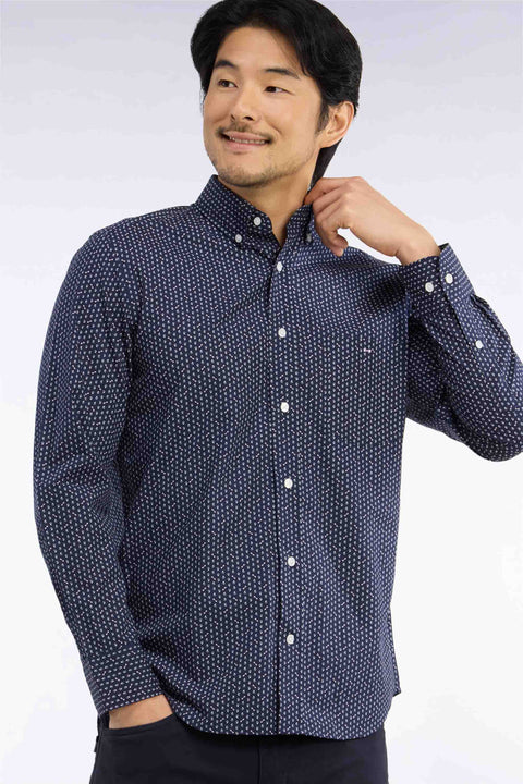 Chemise en popeline de coton blanche à micromotifs bleus coupe droite - Image 1