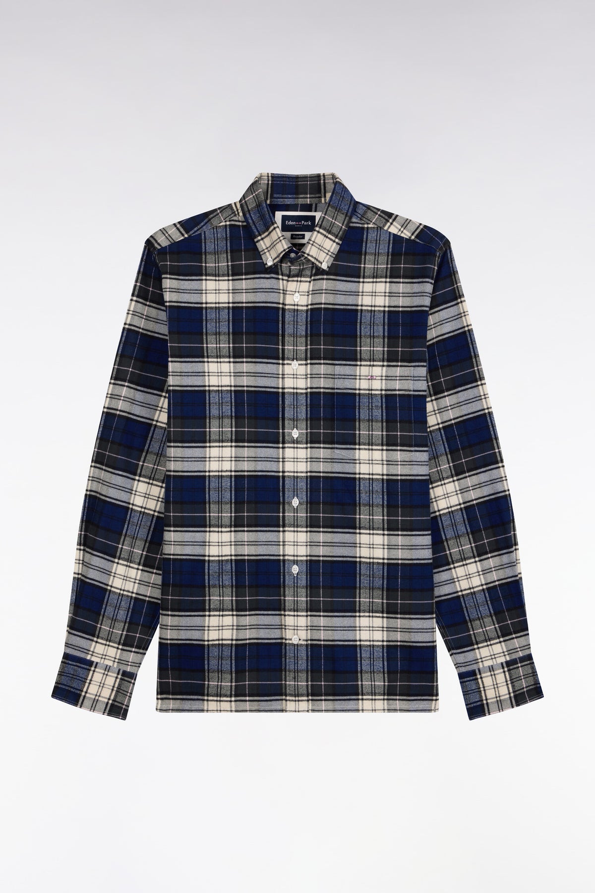 Chemise à carreaux en coton vert et marine coupe droite