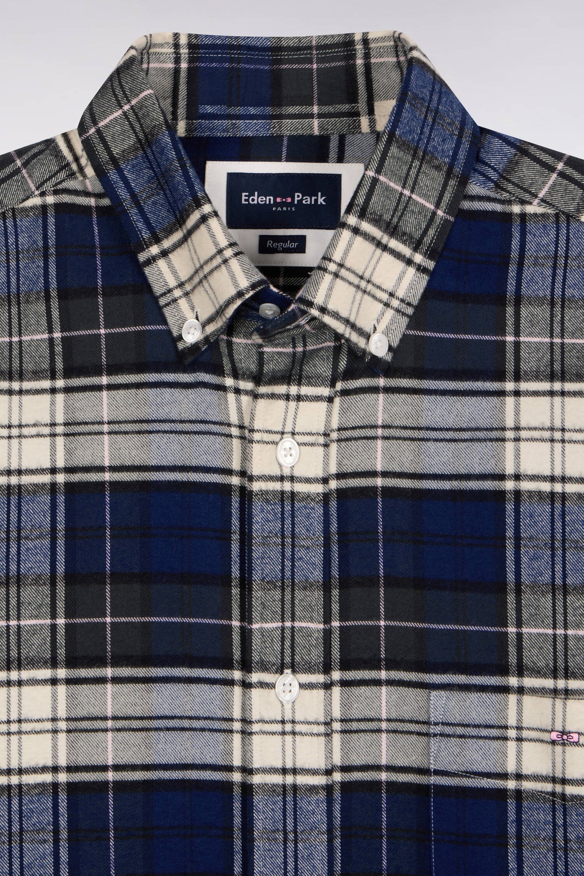 Chemise à carreaux en coton vert et marine coupe droite