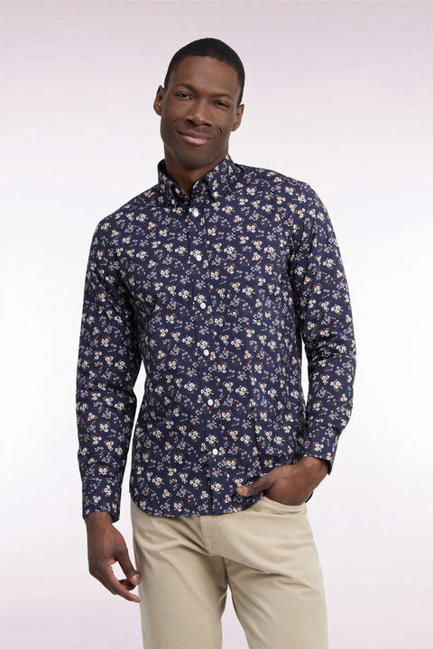 Chemise en coton marine à micromotifs fleurs coupe droite - Image 3