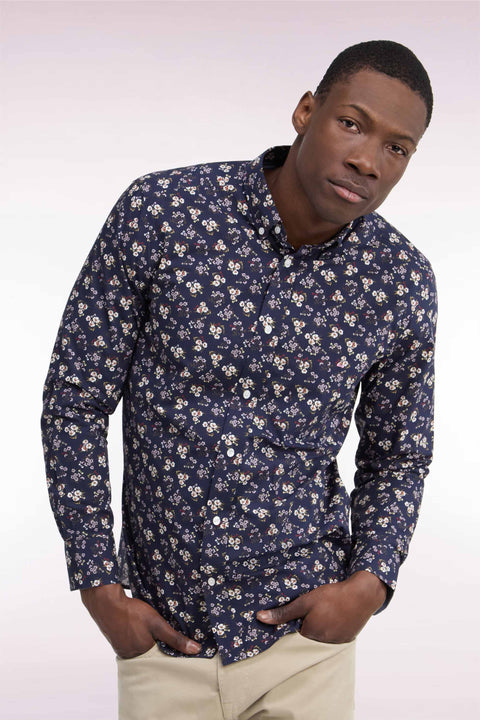 Chemise en coton marine à micromotifs fleurs coupe droite - Image 1