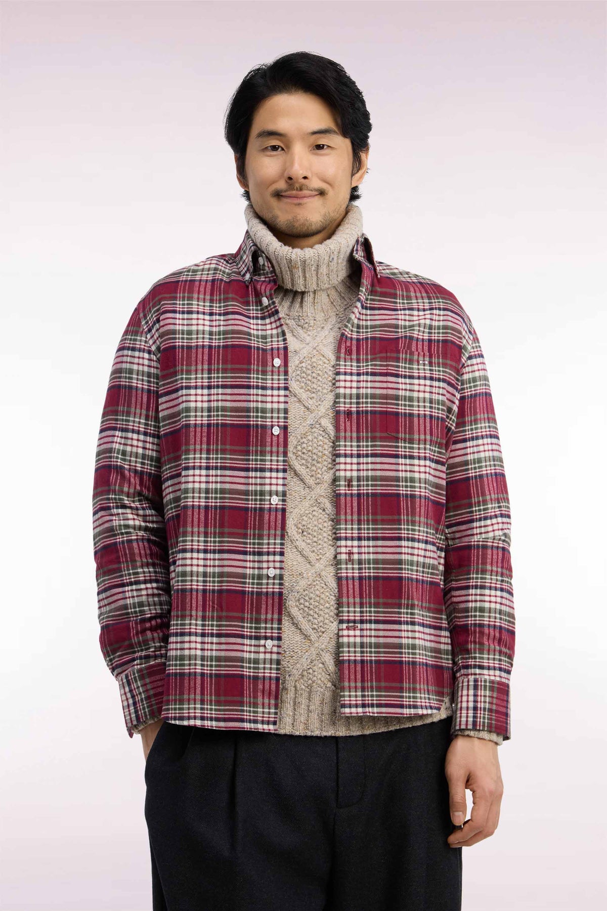 Chemise en flanelle de coton rouge à carreaux coupe droite