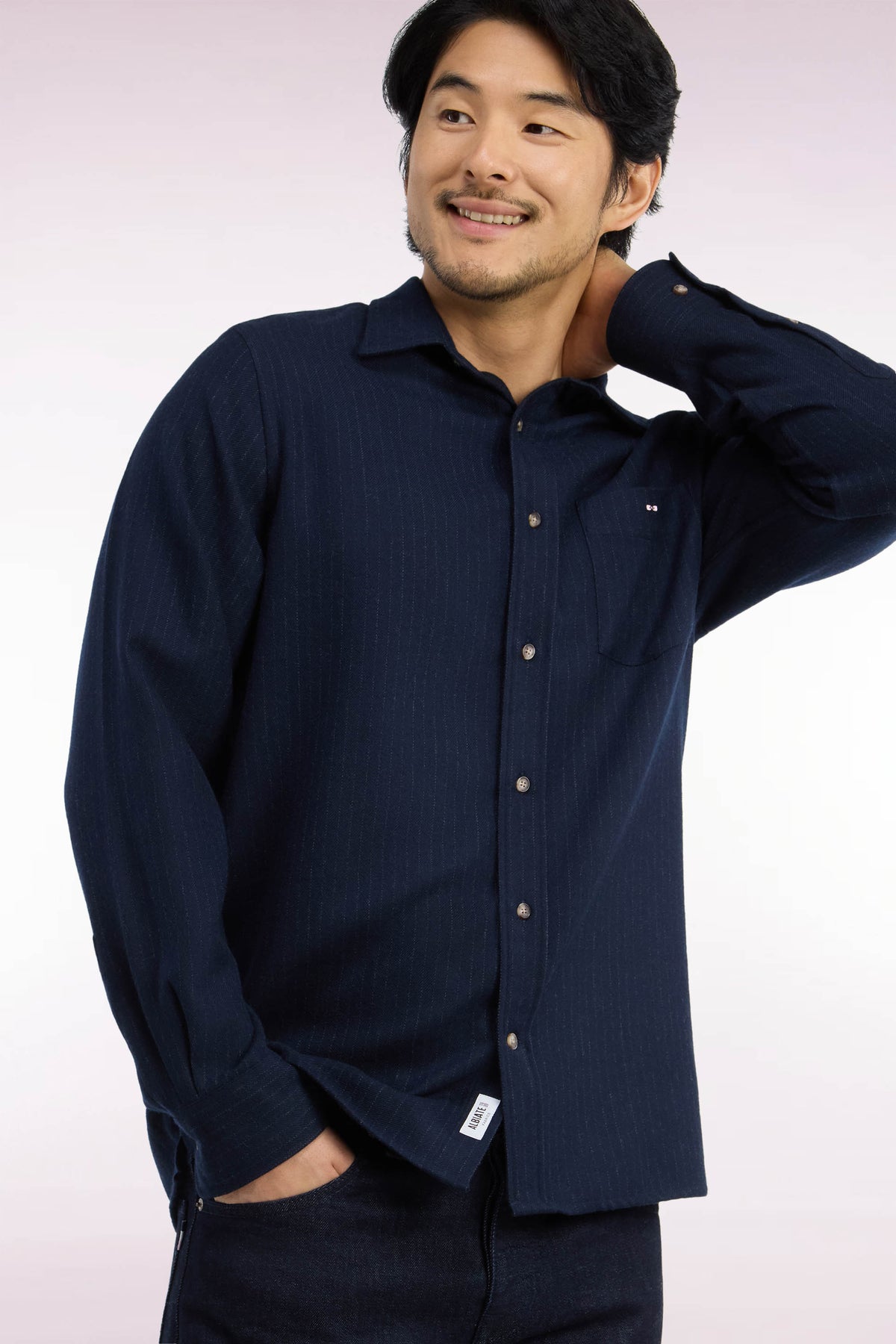 Chemise en flanelle rayée marine coupe droite