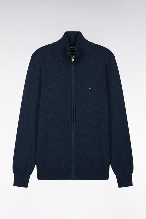 Cardigan zippé en laine et coton bleu coupe droite - Image 2