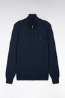 Cardigan zippé en laine et coton bleu coupe droite