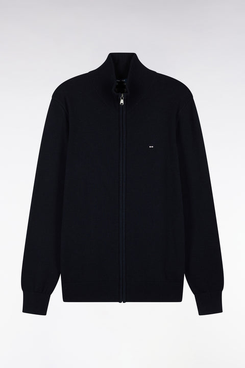 Cardigan zippé en laine et coton marine coupe droite - Image 2
