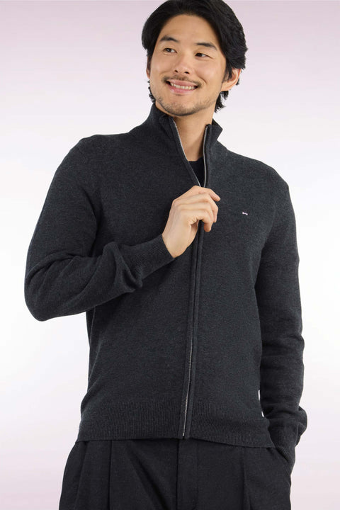 Cardigan zippé en laine et coton gris foncé coupe droite - Image 1