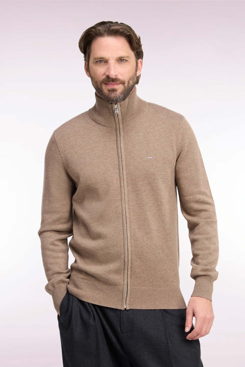 Cardigan zippé en laine et coton marron coupe droite - Image 3