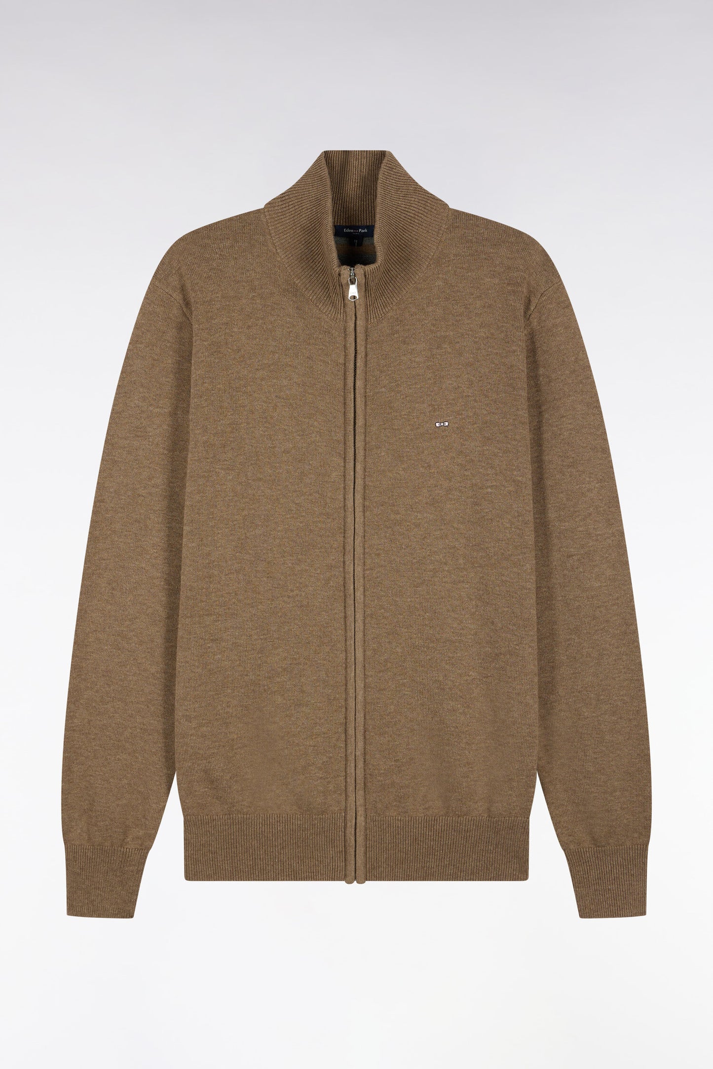 Cardigan zippé en laine et coton marron coupe droite
