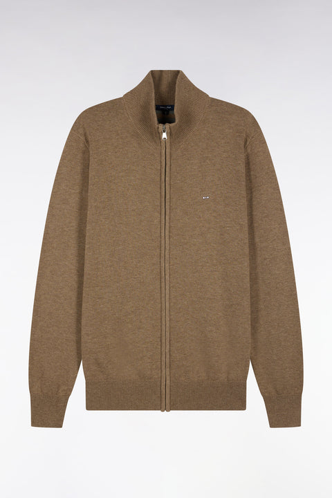 Cardigan zippé en laine et coton marron coupe droite - Image 2