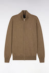 Cardigan zippé en laine et coton marron coupe droite