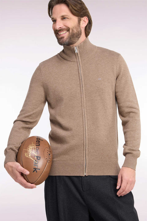 Cardigan zippé en laine et coton marron coupe droite - Image 1