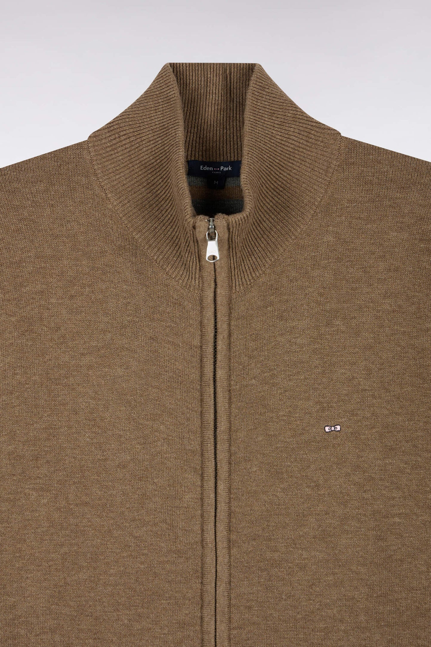 Cardigan zippé en laine et coton marron coupe droite