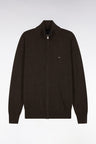 Cardigan zippé en laine et coton marron coupe droite
