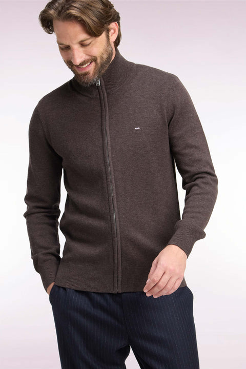 Cardigan zippé en laine et coton marron coupe droite - Image 1