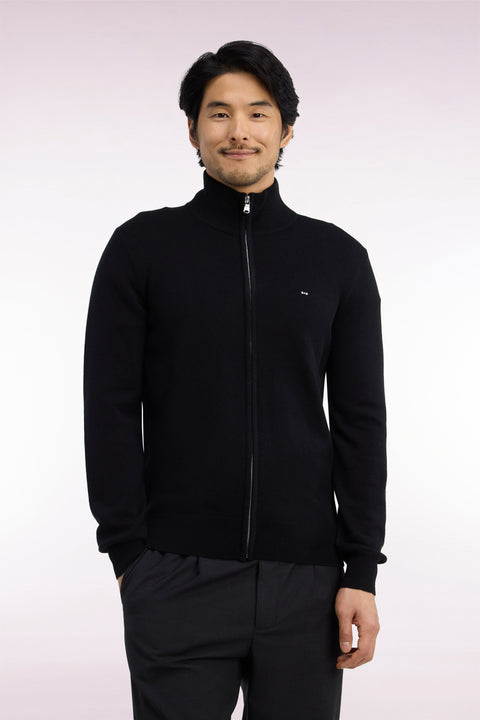 Cardigan zippé en laine et coton noir coupe droite - Image 3