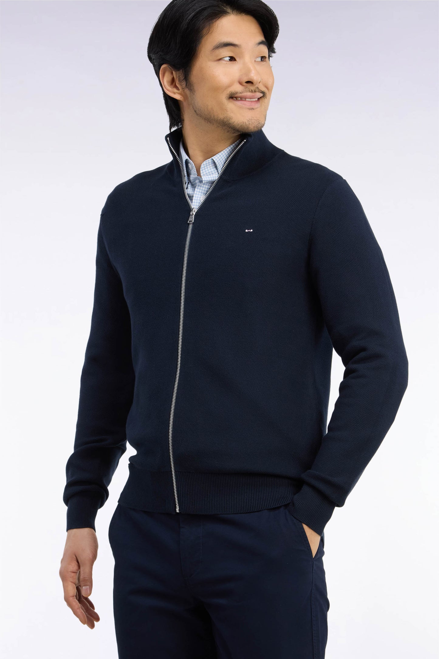Cardigan zippé en coton marine coupe droite