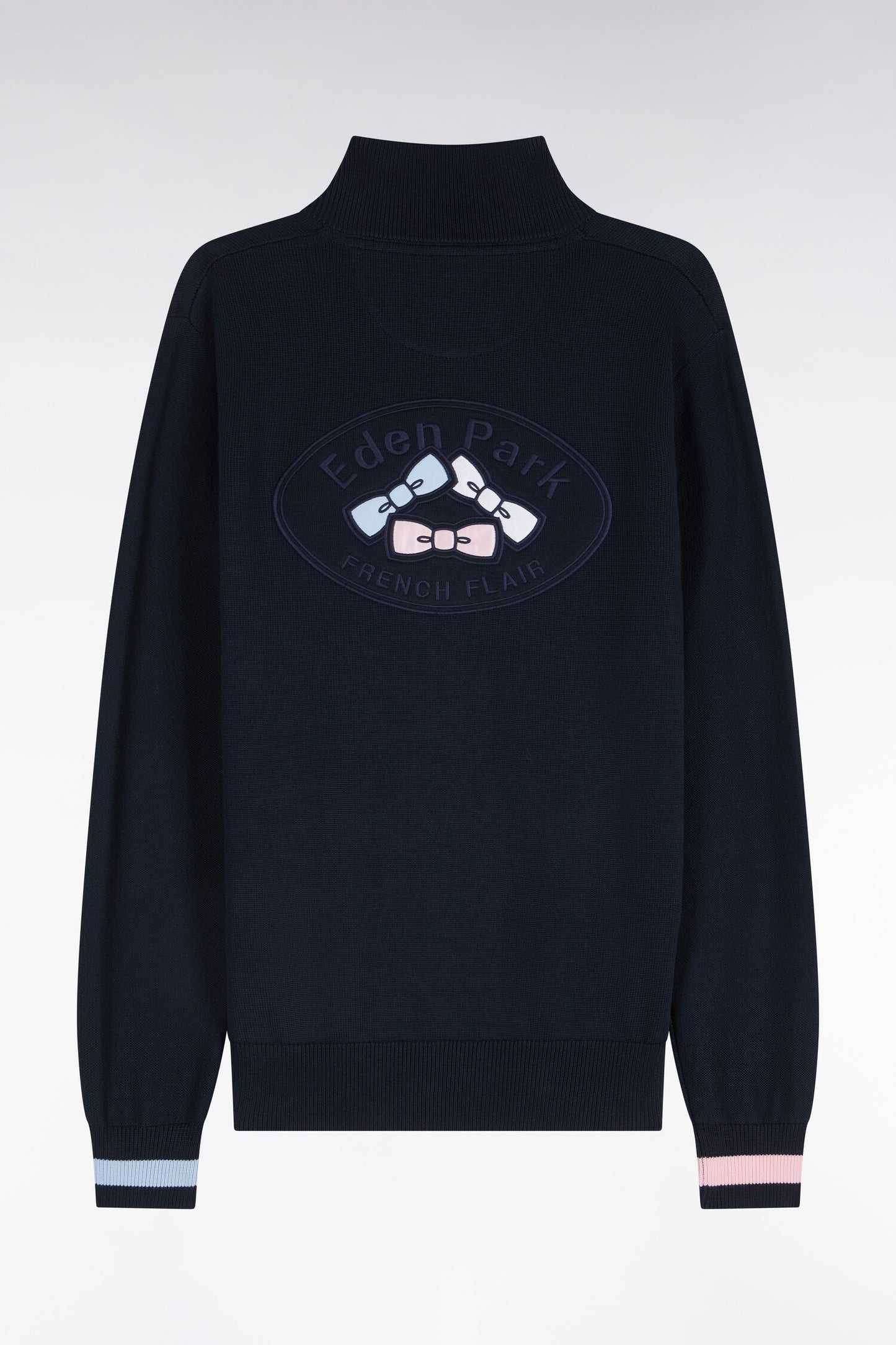 Cardigan zippé en coton marine dos brodé coupe droite