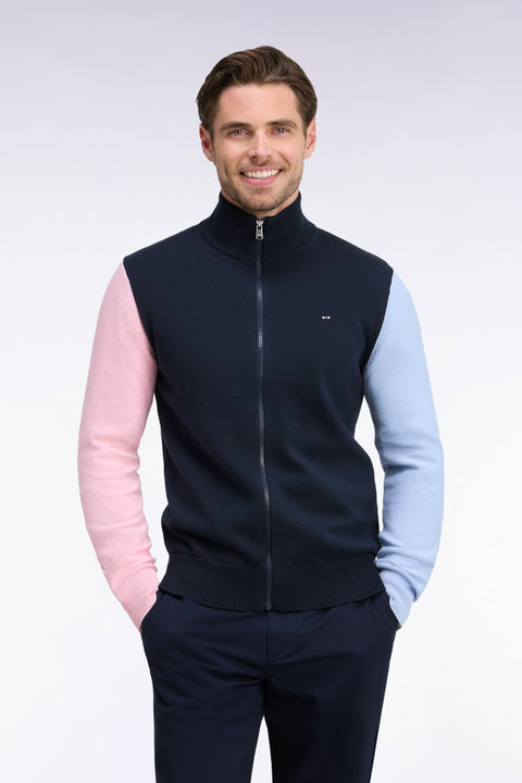 Cardigan zippé tricolore en coton marine dos brodé coupe droite - Image 3