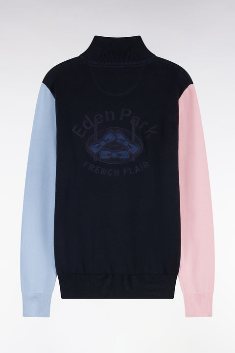 Cardigan zippé tricolore en coton marine dos brodé coupe droite - Image 2