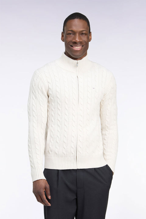 Cardigan à torsades zippé en coton écru coupe droite - Image 3