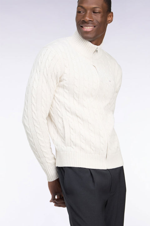 Cardigan à torsades zippé en coton écru coupe droite - Image 1