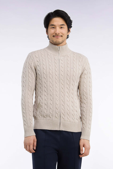 Cardigan à torsades zippé en coton beige coupe droite - Image 3