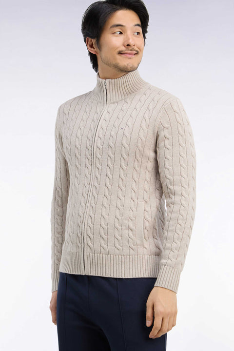 Cardigan à torsades zippé en coton beige coupe droite - Image 1