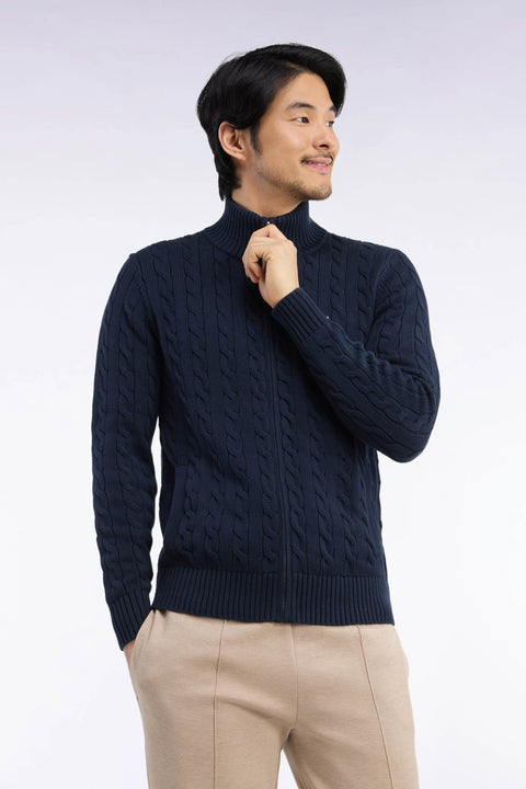 Cardigan à torsades zippé en coton marine coupe droite - Image 1