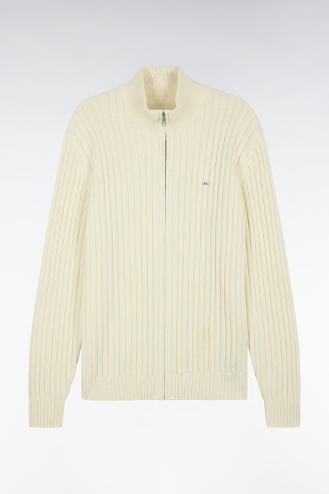 Cardigan zippé à col camionneur en laine et coton écru côtelé coupe droite - Image 2